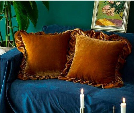 Golden camel velvet ruffled throw pillows