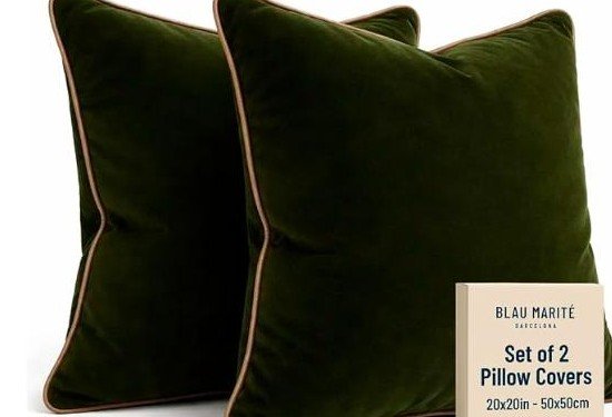 Green velvet pillow covers with camel contrast piping